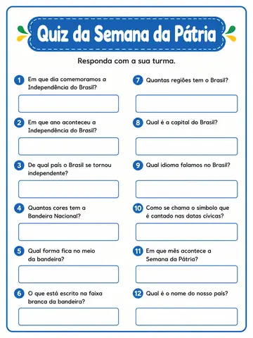 Folha do quiz com doze perguntas